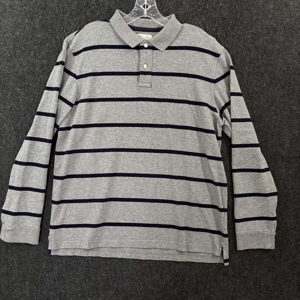 J.Crew Polo Shirt Men's Large Gray Striped 100% Cotton Long Sleeve Casual Preppy